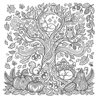 Step into a magical autumn forest with this enchanting coloring page, where whimsical creatures slumber amidst falling leaves and bountiful harvest. Discover intricate details and bring this beautiful dreamscape to life with your favorite fall colors.