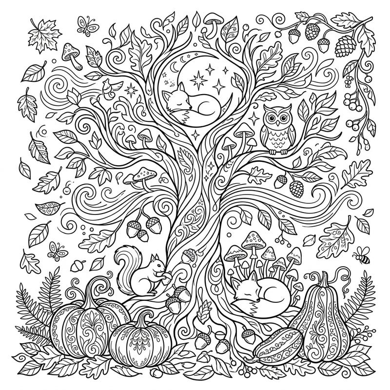 Step into a magical autumn forest with this enchanting coloring page, where whimsical creatures slumber amidst falling leaves and bountiful harvest. Discover intricate details and bring this beautiful dreamscape to life with your favorite fall colors.