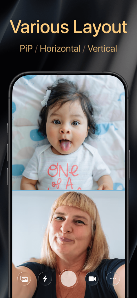 Vista de pantalla dividida en la app 2Camera con una madre y un bebé capturados al mismo tiempo usando las cámaras frontal y trasera