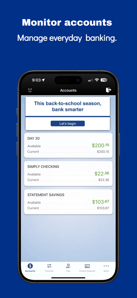 Fulton Bank mobile app displaying a list of bank accounts with their available and current balances on an iPhone screen.