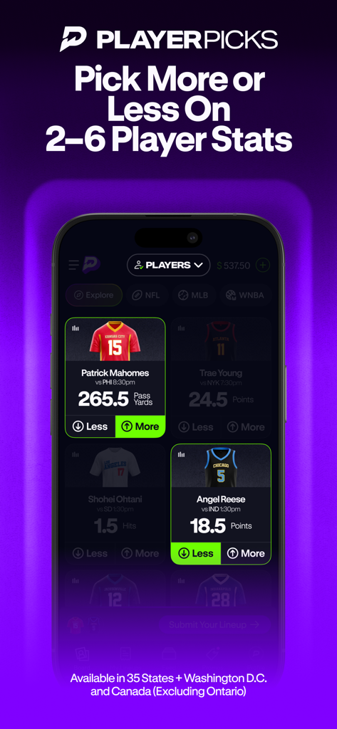 Mobile app interface for PrizePicks showing player stat predictions with more or less options for athletes like Patrick Mahomes and Angel Reese.