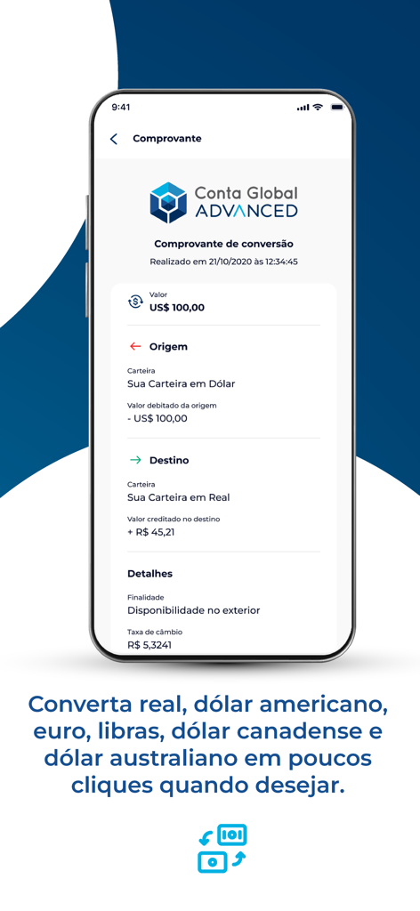 Conta Global Advanced by BS2 - Currency conversion receipt in the Conta Global Advanced app showing USD to BRL transaction details