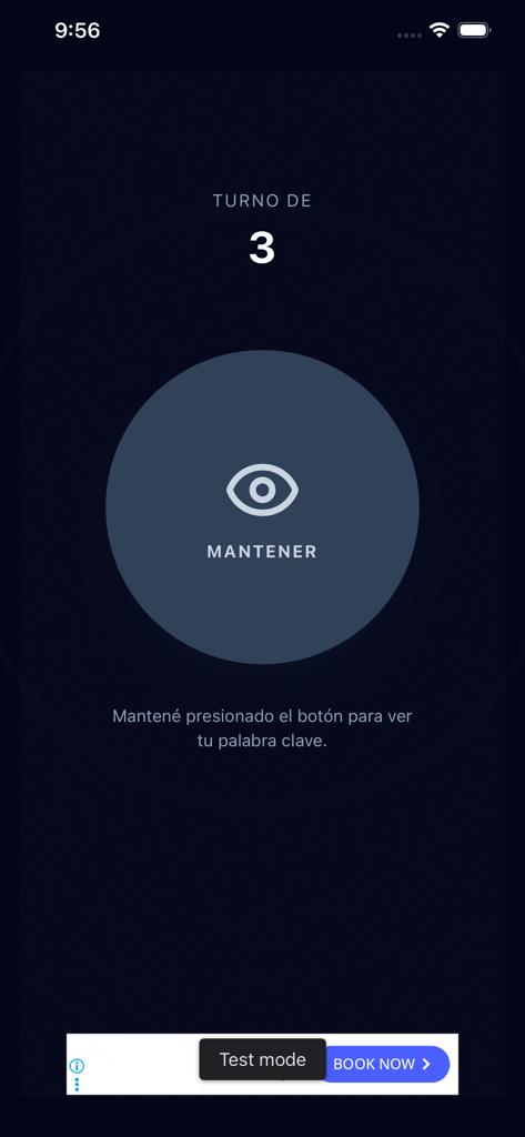 Una schermata dal gioco Impostor che chiede al giocatore tre di tenere premuto un pulsante per vedere la sua parola segreta