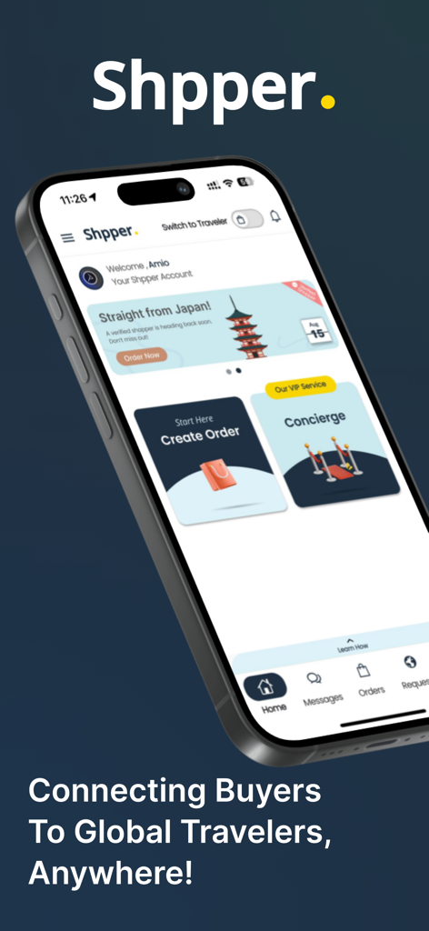 Shpper - Shpper app home screen connecting shoppers with international travelers