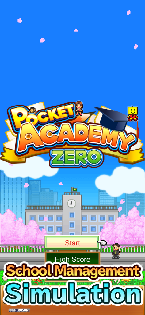 Pocket Academy ZERO - Title screen of Pocket Academy ZERO school management simulation game featuring pixel art
