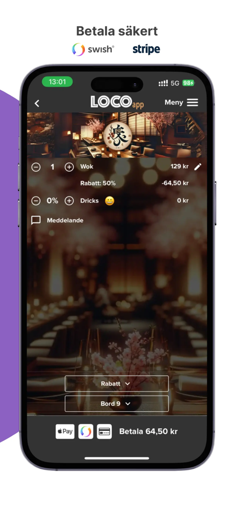 Loco - Mobile phone displaying the Loco app checkout screen for a restaurant order with a discount and payment options