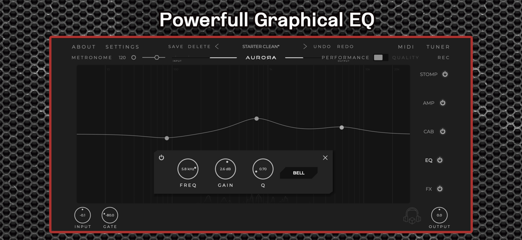 Laney - Ironheart Guitar Amp - Interfaz de ecualizador gráfico de la aplicación de amplificador de guitarra Laney Ironheart que muestra controles de frecuencia y ganancia