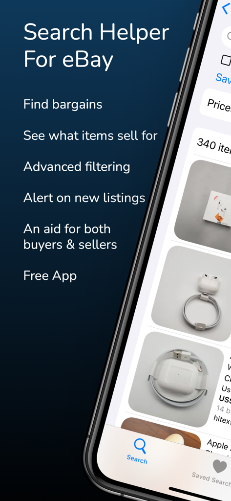 Search for eBay - Interfaccia dell'app Search Helper for eBay che mostra funzionalità di utilità per acquirenti e venditori su uno smartphone