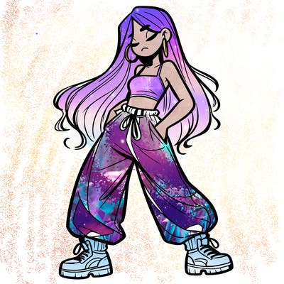 girl in baggy pants crop top and long hair