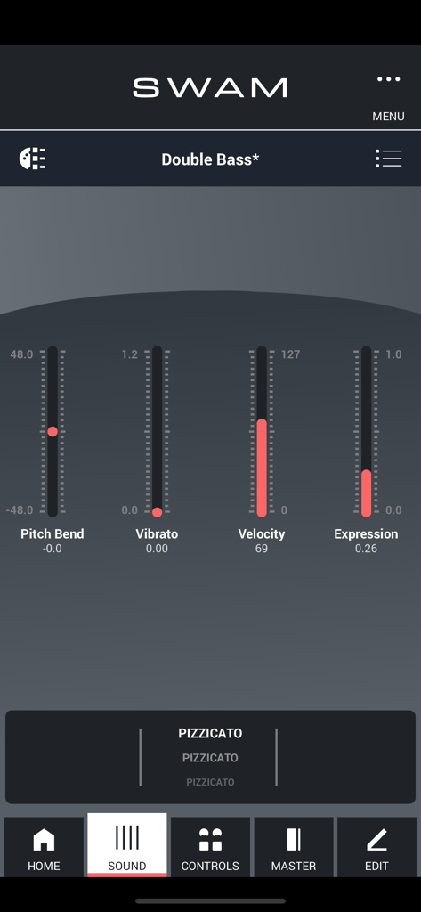 SWAM Double Bass app interface showing real-time sliders for pitch bend vibrato velocity and expression