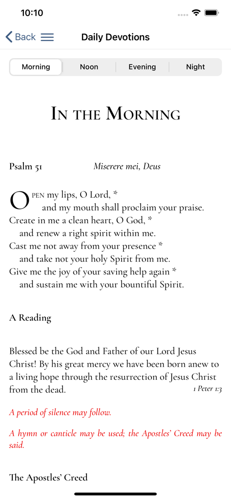 Forward Day by Day - Forward Day by Day app interface showing morning devotions with Psalm 51 and scripture readings