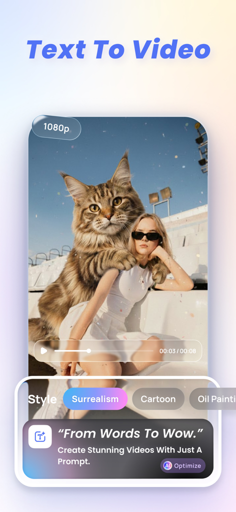 VikPea - AI Video Enhancer - Interface de l'application VikPea présentant la fonctionnalité texte-vers-vidéo avec une image surréaliste d'une femme et d'un chat géant.