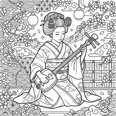 Discover the enchanting world of Japanese tradition with this exquisite coloring page featuring a Maiko gracefully playing the shamisen. Adorned with delicate cherry blossoms and intricate patterns, it offers a serene and engaging coloring experience.