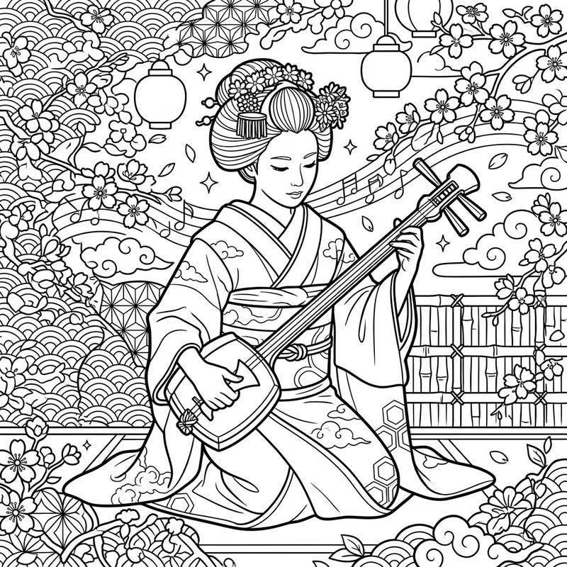 Discover the enchanting world of Japanese tradition with this exquisite coloring page featuring a Maiko gracefully playing the shamisen. Adorned with delicate cherry blossoms and intricate patterns, it offers a serene and engaging coloring experience.