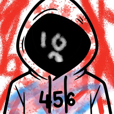 a person with non face waering a hoodie with a 456 symbol