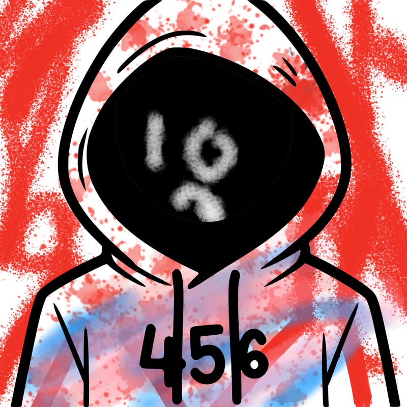 a person with non face waering a hoodie with a 456 symbol