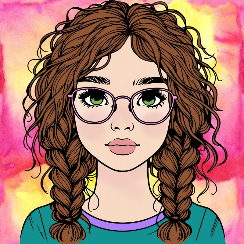realistic girl with glasses and frizzy hair in braids