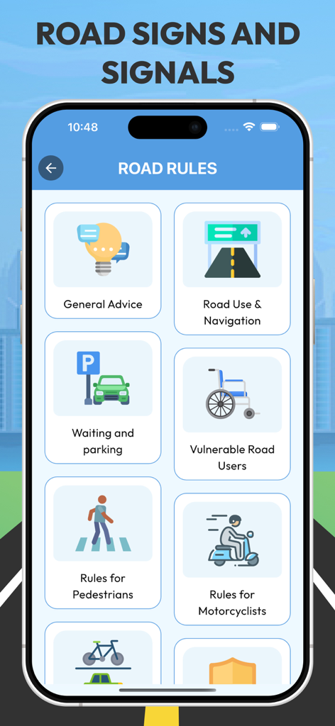 Screenshot of The Highway Code Zambia mobile app showing various road rule categories including rules for pedestrians, motorcyclists, and road navigation.