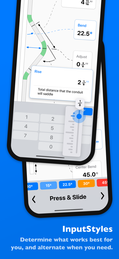 Interface of the QuickBend app showing multiple input methods including a number pad and a press and slide slider for conduit measurements