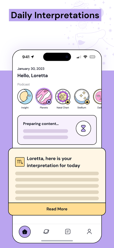 Moyra: Astrology Guide for You - Moyra app screen displaying daily personalized astrology interpretations and horoscope.