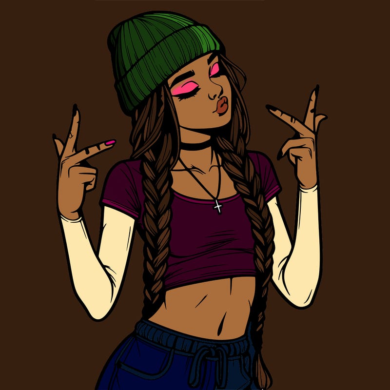 realistic teenage girl with braids and a beanie and crop top doing 🫶🏼