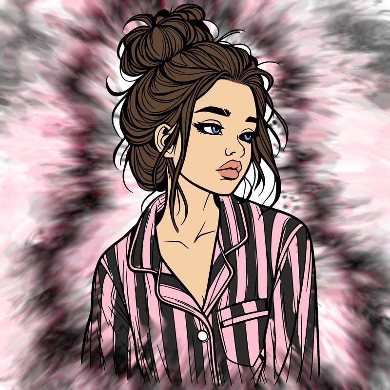 realistic woman with pajamas on and a messy bun