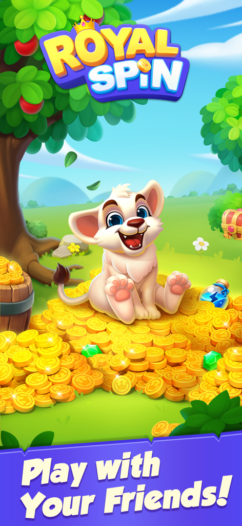 Royal Spin - Coin Frenzy - Um filhote de leão branco fofo sentado em uma grande pilha de moedas de ouro com o texto Royal Spin e Jogue com Seus Amigos.