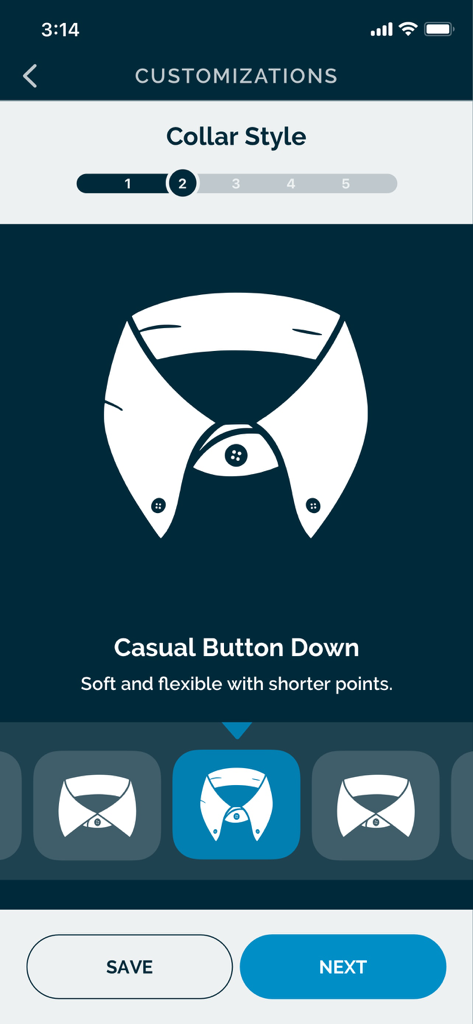 MTailor - Custom Clothing - MTailor app screen for choosing a casual button down collar style for a custom shirt