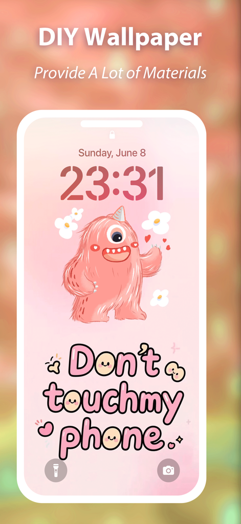 DIY Wallpaper-Make it！ - Un diseño de pantalla de bloqueo de iPhone personalizado con un monstruo de dibujos animados rosa y el texto No toques mi teléfono