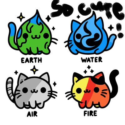 4 cats that represent the different elements, earth, water, air, and fire