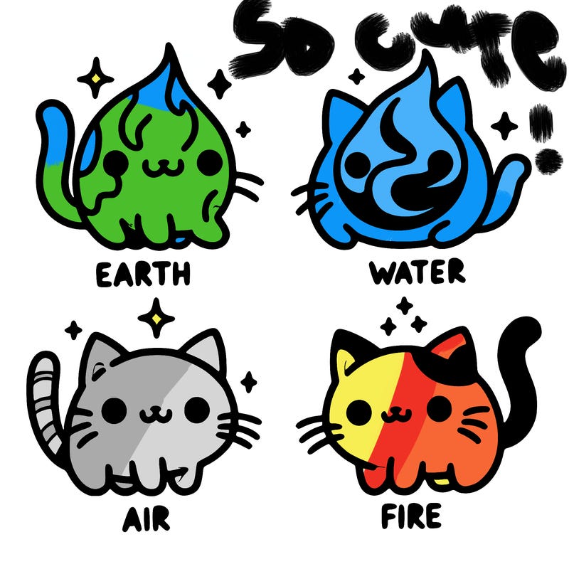 4 cats that represent the different elements, earth, water, air, and fire