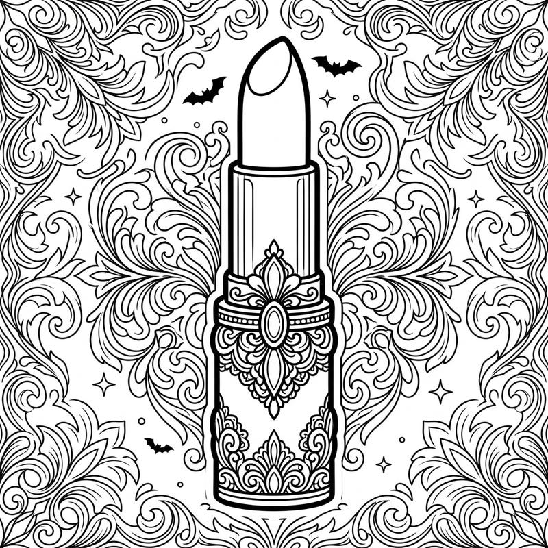 Dive into the dark elegance of this gothic lipstick adult coloring page. Featuring elaborate Victorian patterns and a mysterious aura, it offers a captivating artistic challenge for experienced colorists.