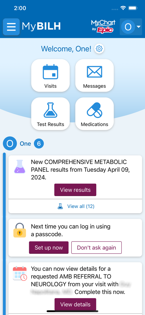 The home dashboard of the MyBILH mobile app showing health record alerts and menu options