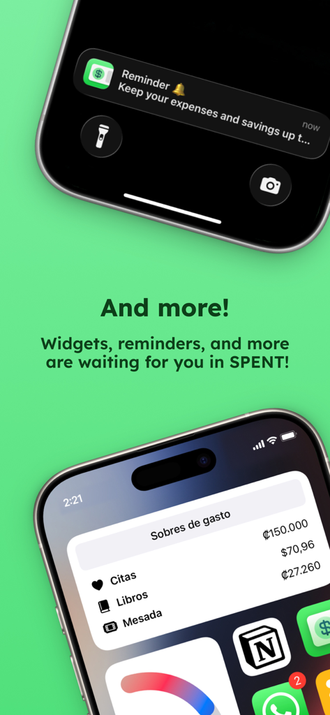 Spent - Track your expenses - Spent app interface showing a notification reminder and a home screen widget for expense tracking.
