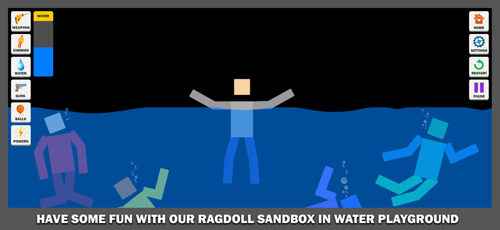 Ragdoll Simulator - Personajes de muñecos de trapo flotando en un sandbox de patio de recreo acuático azul