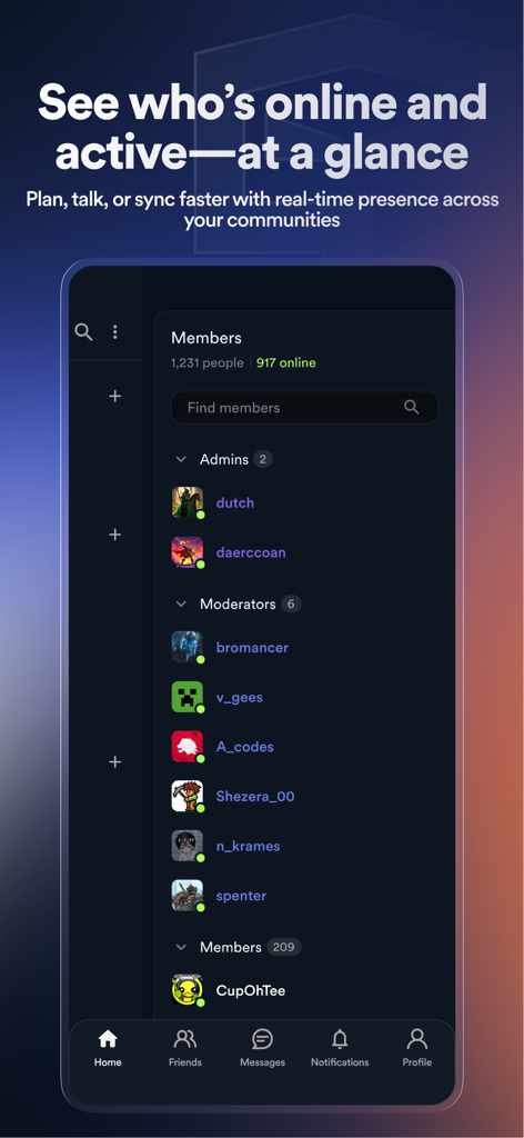 Root: Built for Community - A screen showing a list of community members categorized by roles like Admins and Moderators with real-time online status indicators.