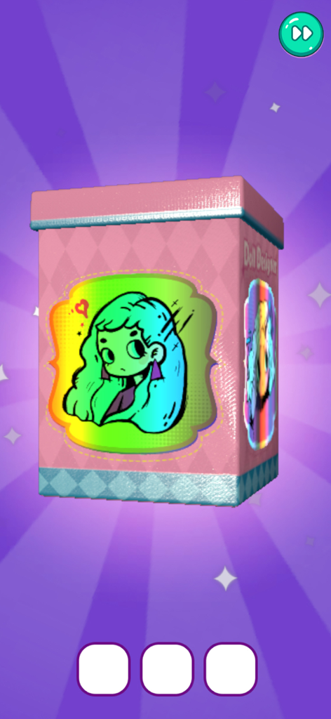 Doll Dress Up Salon - A pink mystery blind box featuring a colorful doll illustration in a purple sunburst background