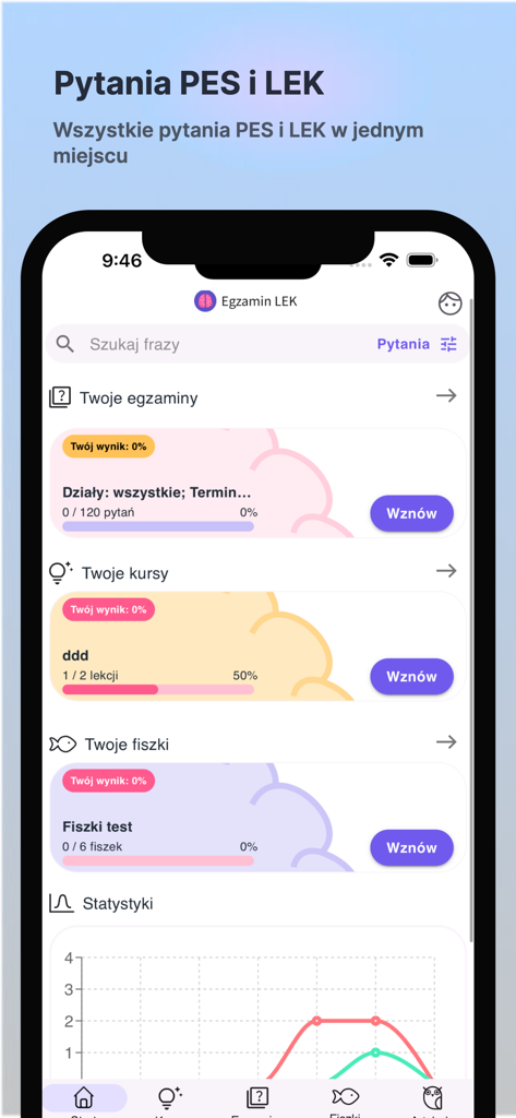 Egzamin LEK - Dashboard dell'app mobile Egzamin LEK che mostra i progressi per corsi di esami medici e flashcard