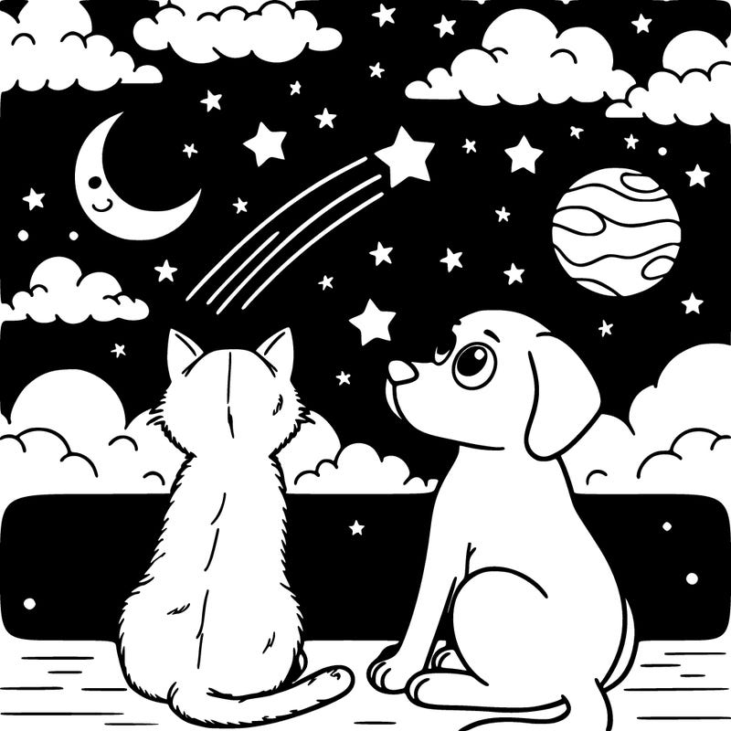 cat and dog looking at the night sky