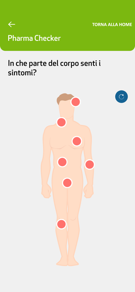 SiSalute Up - Schermata Pharma Checker dell'app SiSalute Up che mostra un corpo umano con indicatori rossi per selezionare la localizzazione dei sintomi