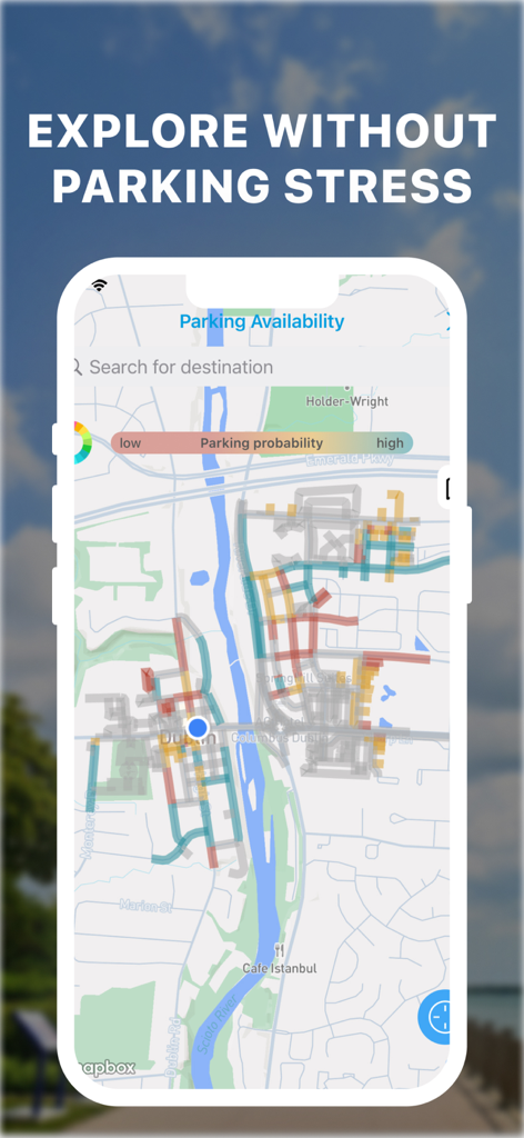 Parknav Parking app interface showing a color-coded heatmap of real-time street parking availability on a city map