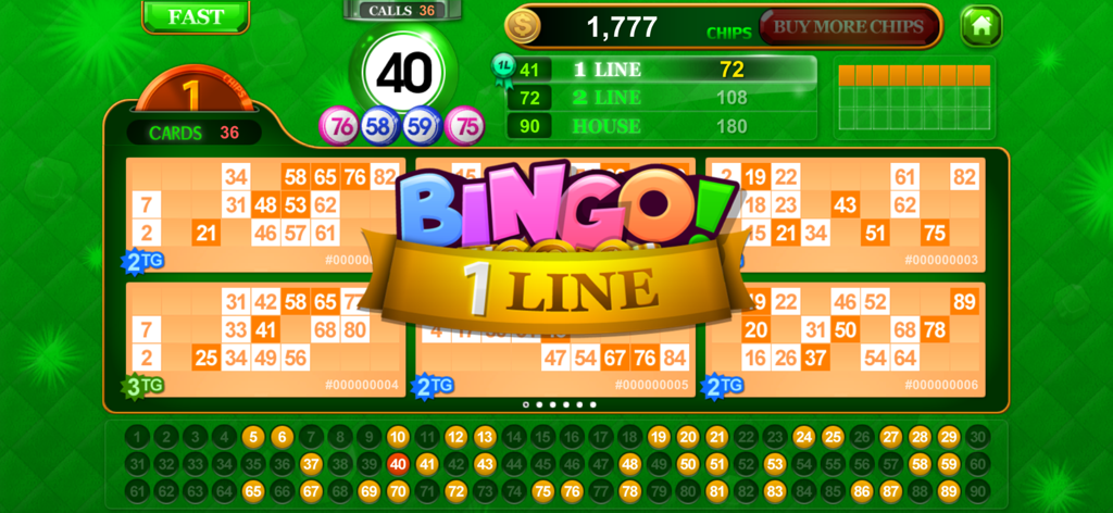 Bingo Solo 90 : 90 Ball Bingo - Tela de vitória no jogo Bingo Solo 90 com um banner de vitória de uma linha e múltiplas cartelas de bingo