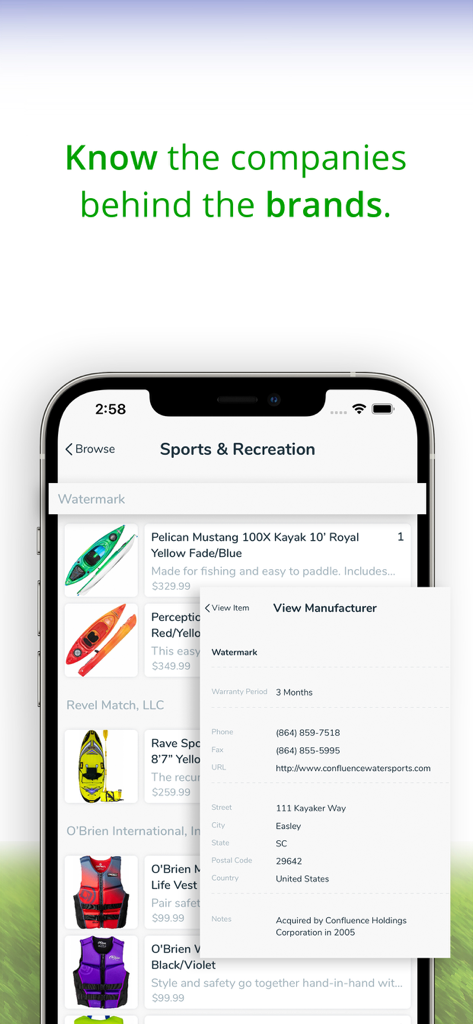 Nest Egg - Inventory - Nest Egg app screen showing an inventory list of kayaks and detailed manufacturer information including contact details and corporate history.
