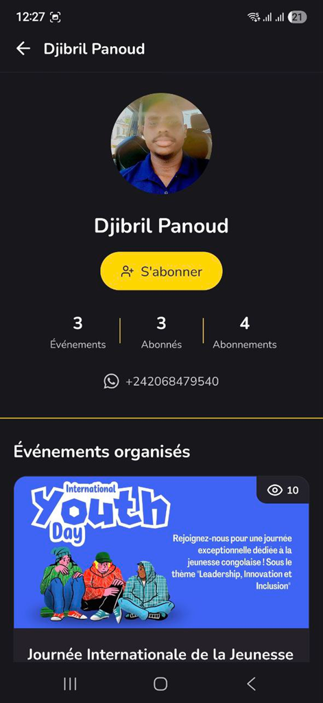 Rhodium - Profile view of an event organizer on the Rhodium app showing statistics and hosted events