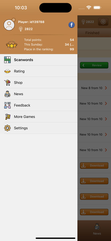 Сканворд Фан - Sidebar menu of the Scanword Fan puzzle app showing player statistics and navigation links