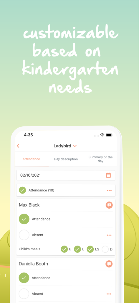 Eliis - Mobile screen of the Eliis app showing student attendance and meal tracking features for kindergarten teachers.