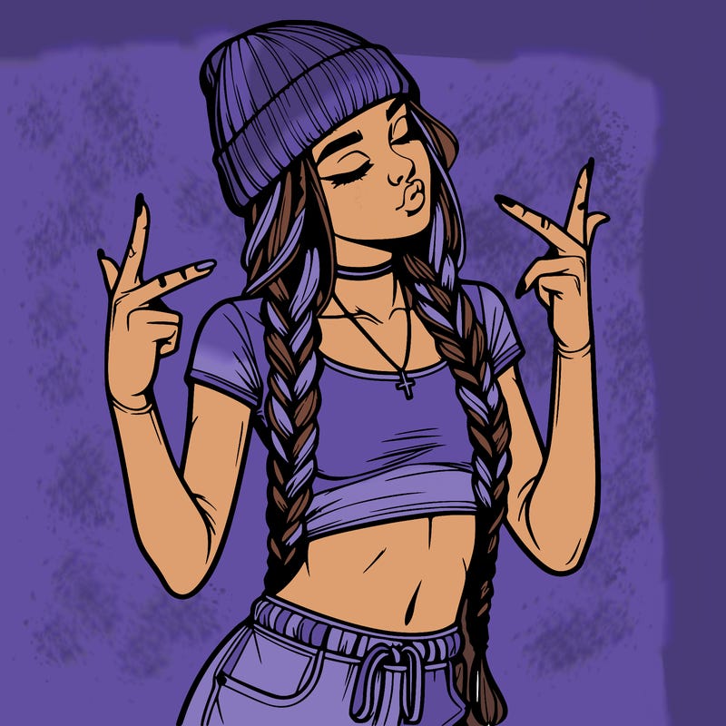 realistic teenage girl with braids and a beanie and crop top doing 🫶🏼
