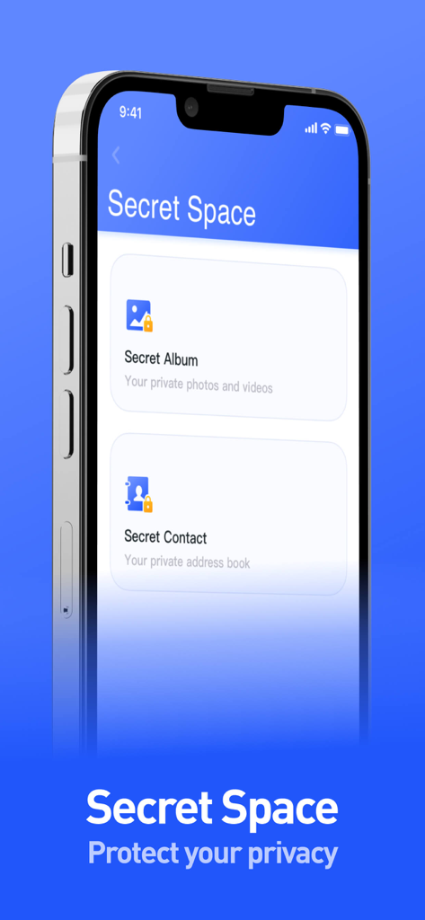 Interfaz de la aplicación One Cleaner que muestra opciones del Espacio Secreto para álbumes de fotos y contactos privados