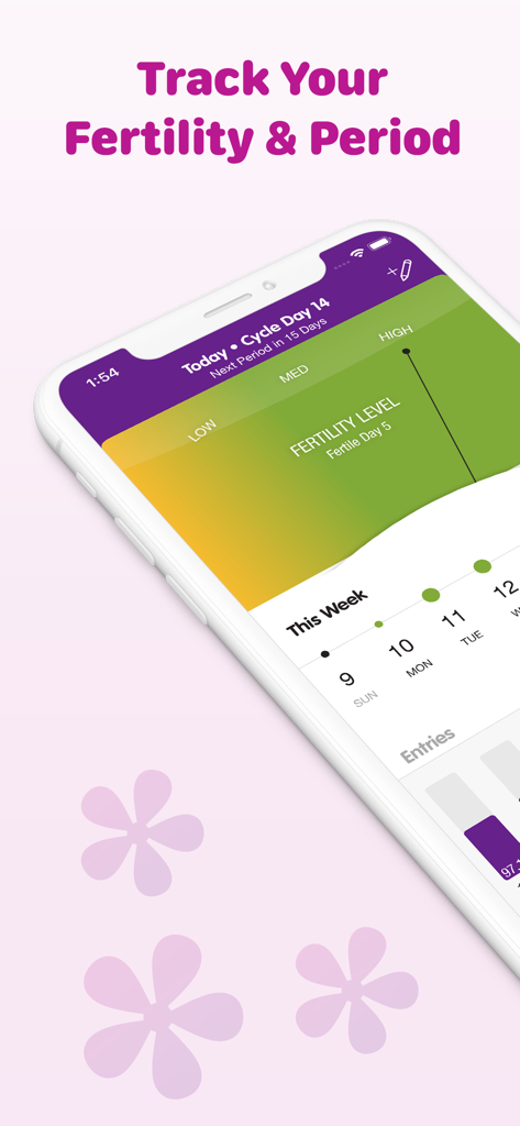 Pantalla de smartphone de Sprout Fertility y Rastreador de Períodos que muestra un nivel de fertilidad alto y el progreso del ciclo