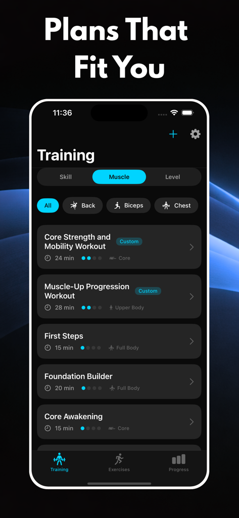 Calisthenics: CaliFit - CaliFit mobile app training screen showing various bodyweight workout plans and muscle group filters